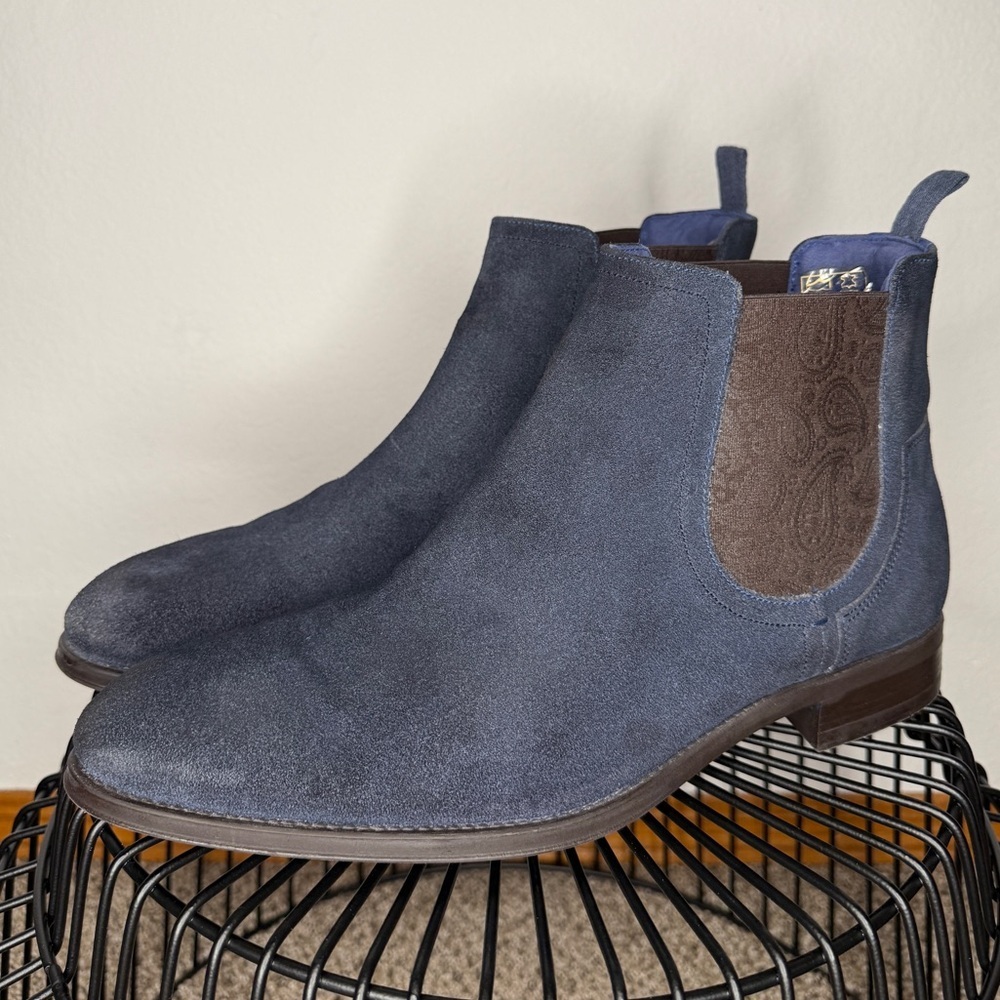 Ted Baker Traviis Suede Chelsea Boots Blue Paisley Elastic Leather Sole Size 10